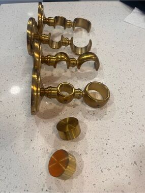 Restoration Hardware Brushed Brass Double Curtain Rod Brackets and finnials